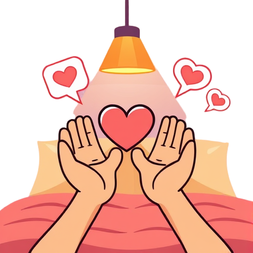 "two hands" "heart symbol" "bedroom lamp" "smiling faces" "speech bubbles" "warm colors"