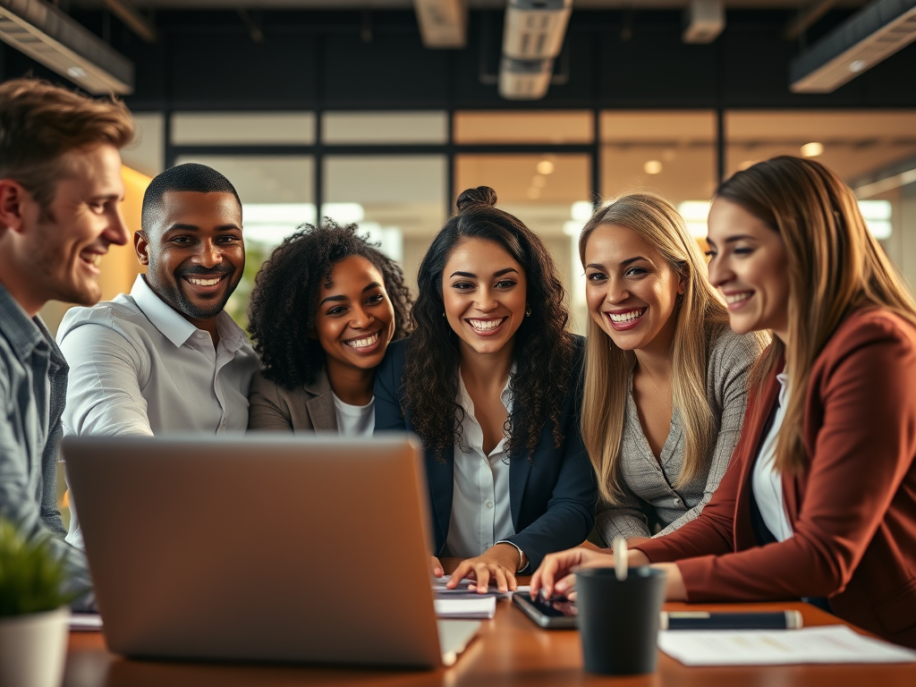 A diverse group of confident professionals smiling, engaging in lively discussion around a laptop, warm lighting, modern office background, motivational atmosphere.
