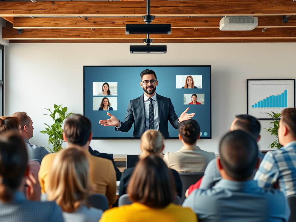 A vibrant virtual webinar scene, "enthusiastic entrepreneur presenting," "diverse attentive audience," "digital sales graphs," "modern home office background"