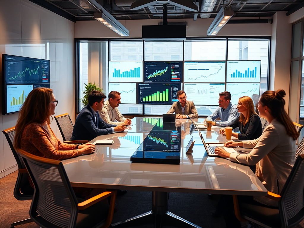 "a diverse group of entrepreneurs in a modern office" "engaged in lively discussion around a sleek conference table" "digital screens displaying sales graphs and strategies" "warm, inviting lighting highlighting collaboration and growth"