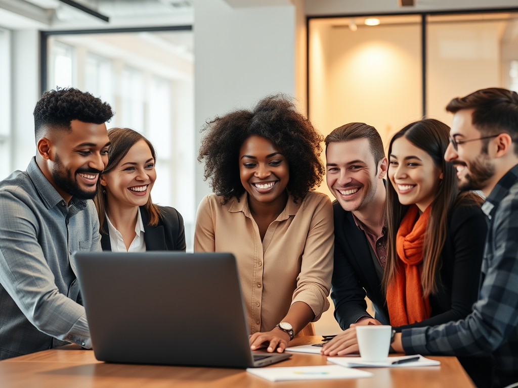 A diverse group of confident professionals smiling, engaging in lively discussion around a laptop, warm lighting, modern office background, motivational atmosphere.