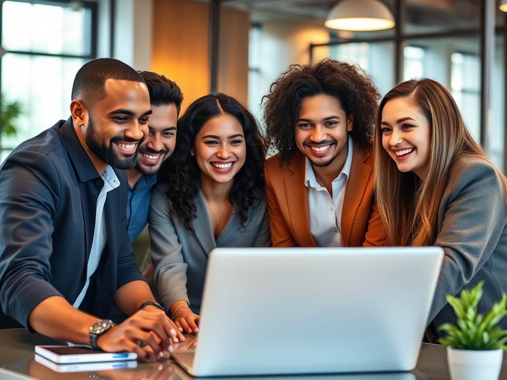 A diverse group of confident professionals smiling, engaging in lively discussion around a laptop, warm lighting, modern office background, motivational atmosphere.