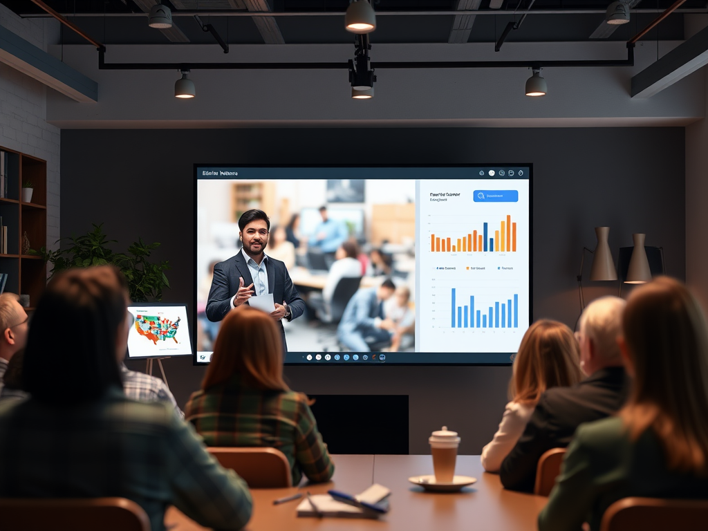A vibrant virtual webinar scene, "enthusiastic entrepreneur presenting," "diverse attentive audience," "digital sales graphs," "modern home office background"
