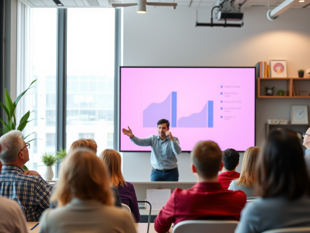 A vibrant virtual webinar scene, "enthusiastic entrepreneur presenting," "diverse attentive audience," "digital sales graphs," "modern home office background"