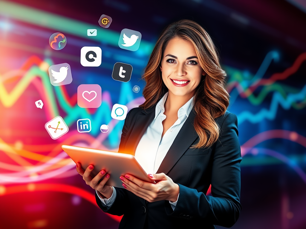 "A confident businesswoman" "holding a glowing digital tablet" "surrounded by floating icons of social media platforms" "vibrant colors symbolizing creativity and growth" "abstract graphs and charts in the background" "dynamic light trails representing co
