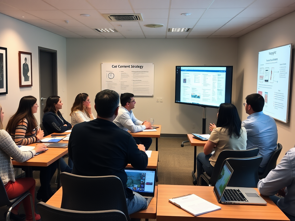 "small seminar room" "diverse group engaged in workshop" "notebooks and laptops on tables" "instructor giving personal feedback" "warm, focused atmosphere" "visuals of content strategy charts on screen"