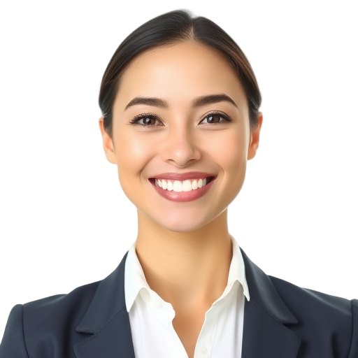A smiling person with clear skin and bright eyes, white background, "professional attire," "natural lighting," "confident expression," "soft shadows."