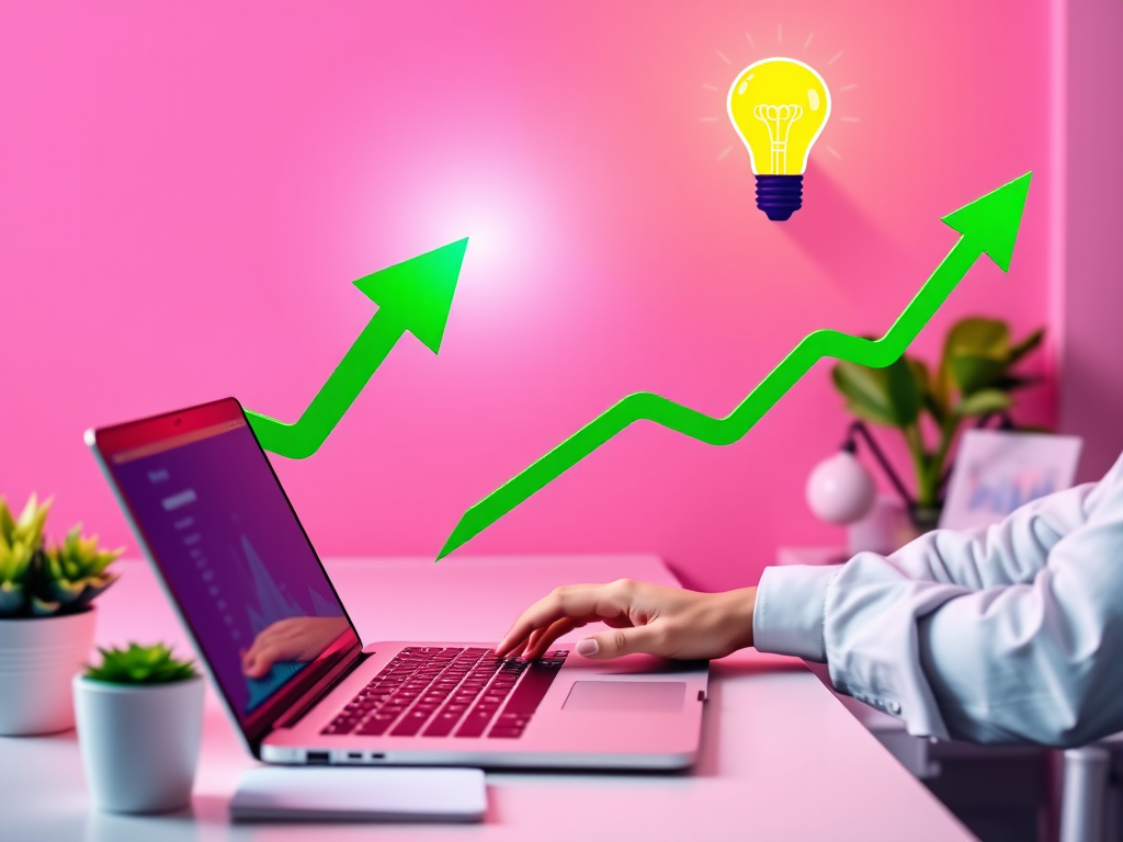 "a vibrant digital marketing workspace" "laptop displaying analytics charts" "bright lightbulb symbolizing ideas" "green upward arrow showing growth" "motivated person typing enthusiastically"