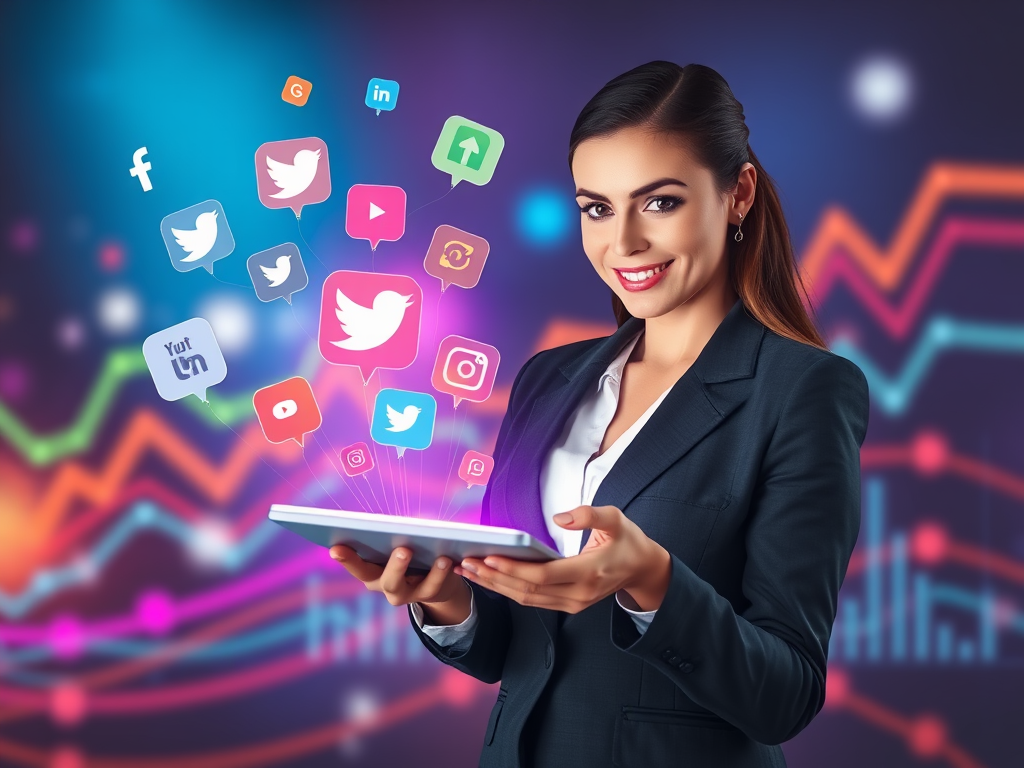"A confident businesswoman" "holding a glowing digital tablet" "surrounded by floating icons of social media platforms" "vibrant colors symbolizing creativity and growth" "abstract graphs and charts in the background" "dynamic light trails representing co