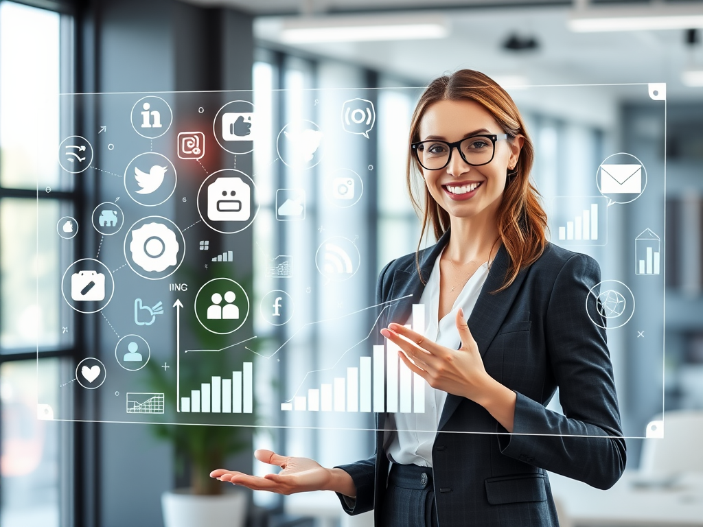 "a confident businesswoman presenting a digital content strategy on a futuristic transparent screen" "various social media icons glowing around her" "graphs and charts showing growth" "bright modern office background with natural light"