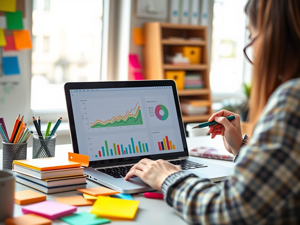 "a vibrant workspace" with "laptop displaying graphs" surrounded by "colorful sticky notes" and "motivated person writing ideas" under "bright natural light"