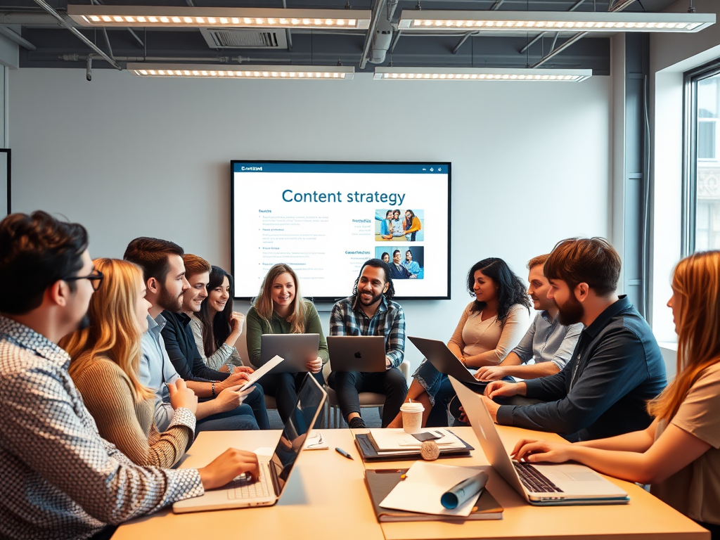 "small group of diverse entrepreneurs" "bright, modern seminar room" "people engaged in discussion" "laptops and notebooks open" "warm lighting creating inviting atmosphere" "visuals of content strategy on screen" "collaborative and focused energy"