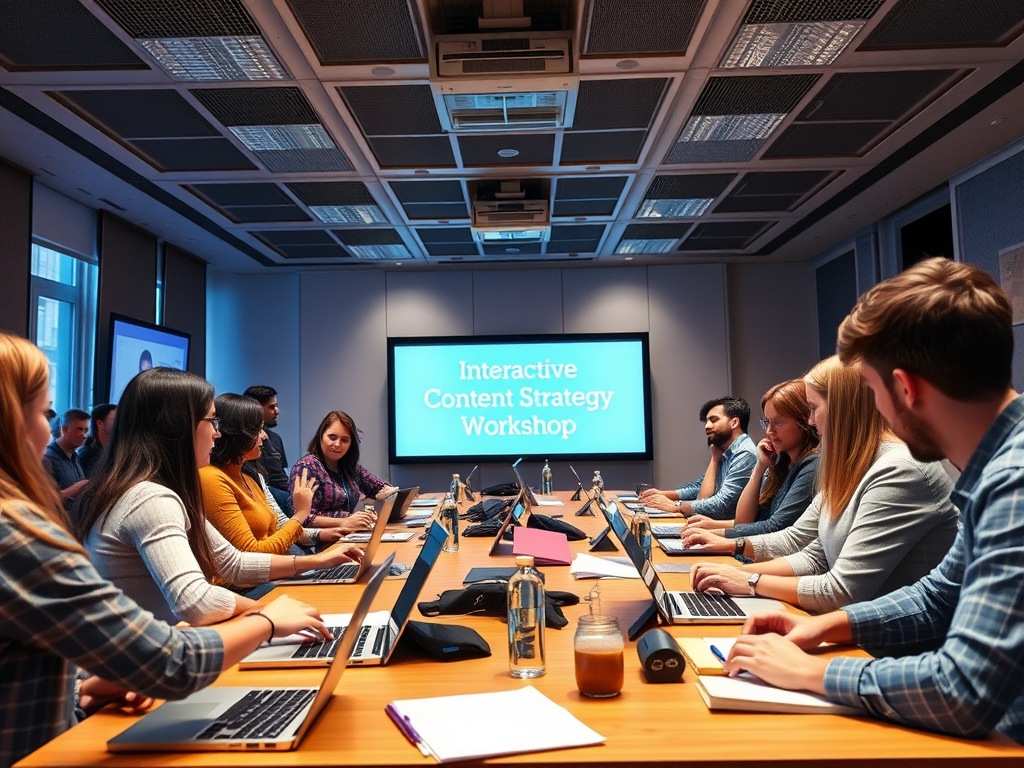 "a vibrant seminar room" filled with "enthusiastic entrepreneurs" engaged in "interactive content strategy workshop," surrounded by "laptops," "notebooks," and "bright, inspiring visuals."