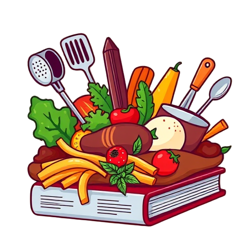 Kleurrijk kookboek met diverse gerechten en keukengerei.