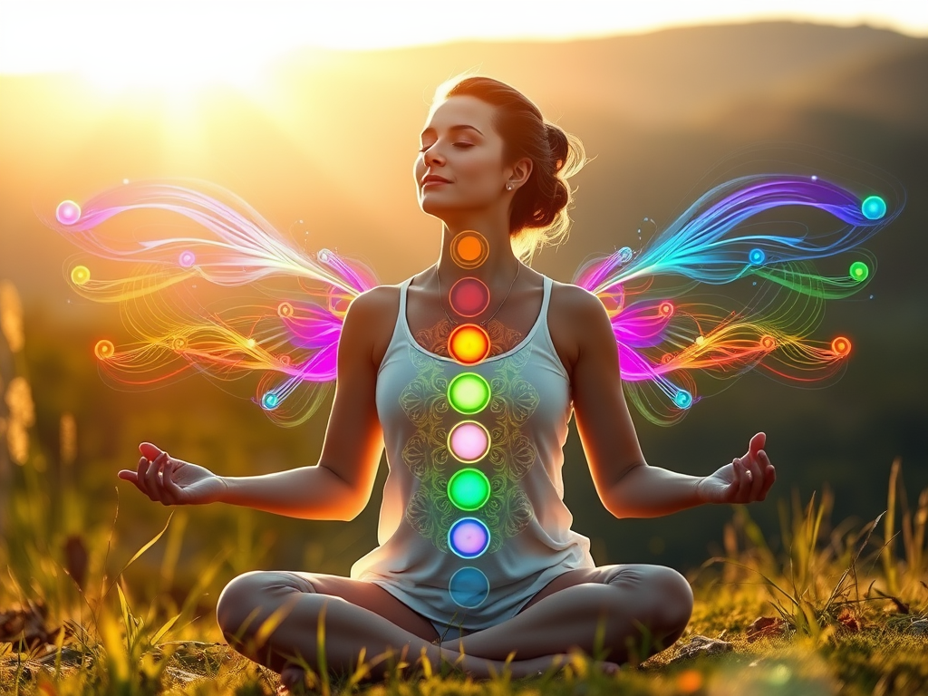 Een vrouw mediteert in de natuur met kleurrijke energiepatronen.