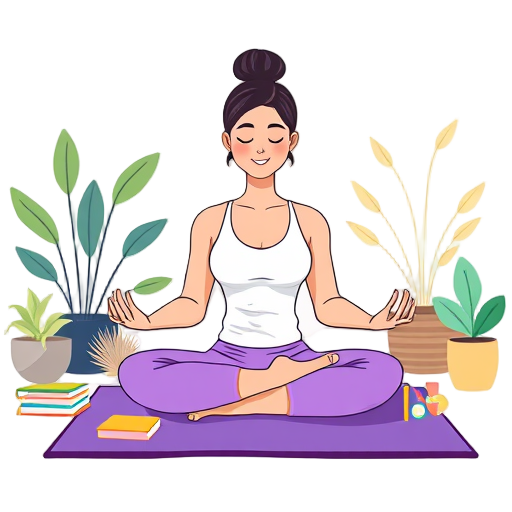 Een serene persoon die mediteert op een yogamat, omringd door planten.