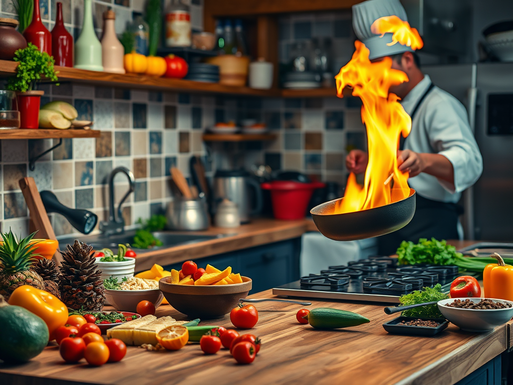 Een levendige keuken met kleurrijke ingrediënten en een kok die kookt.