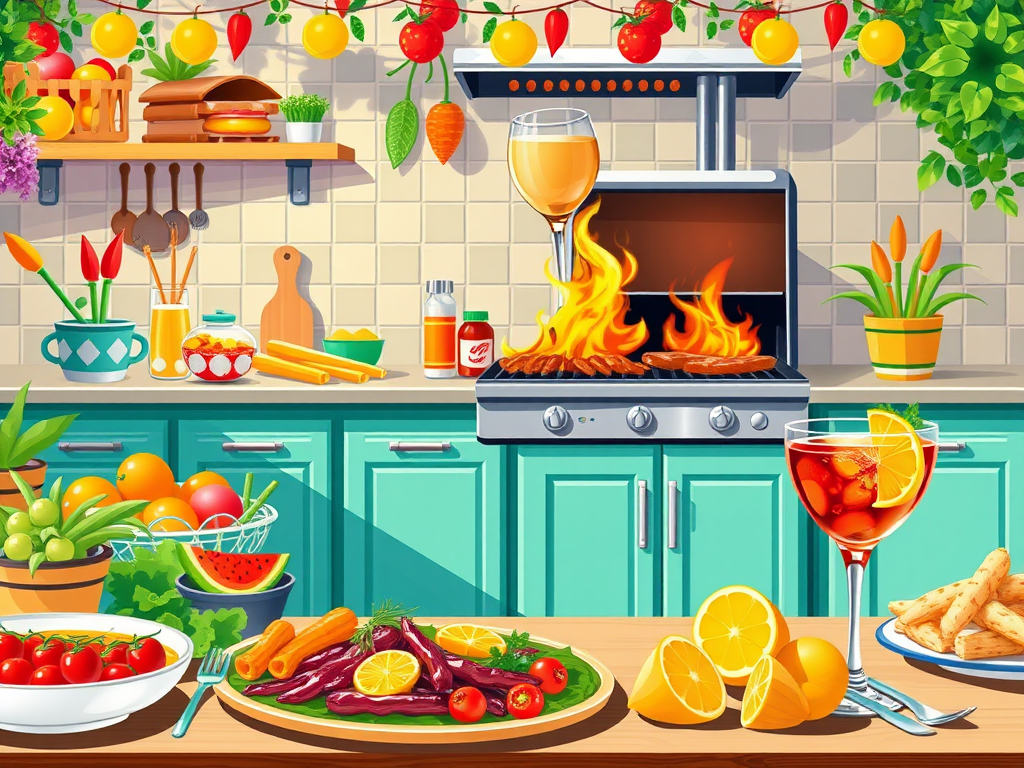 Een levendige zomerse keuken met kleurrijke gerechten en drankjes.