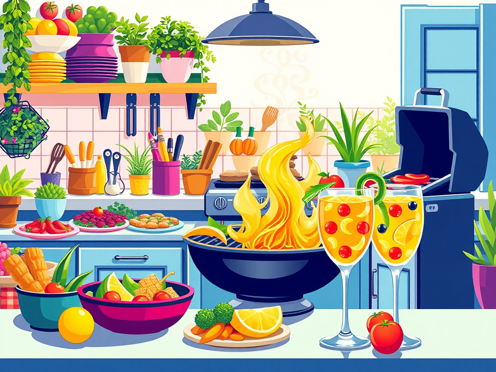 Levendige zomerse keuken met kleurrijke gerechten en drankjes.