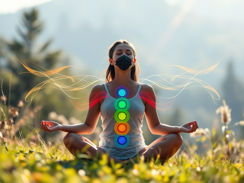 Een vrouw mediteert in de natuur, omringd door zonlicht.