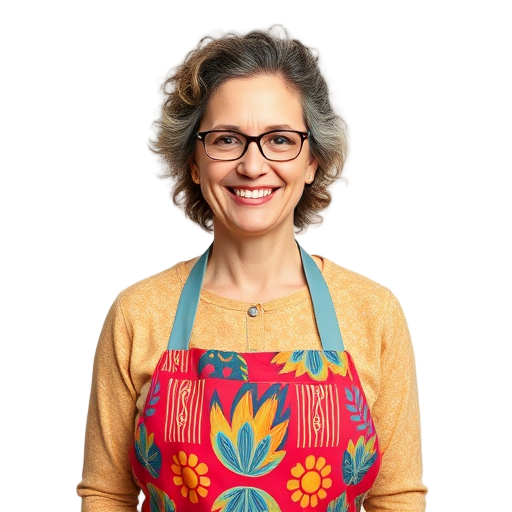 Een glimlachende persoon met een kleurr apron.