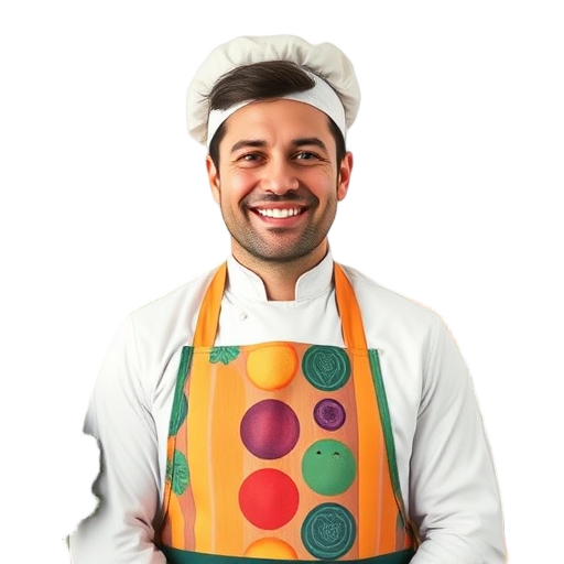 Een lachende kok in een kleurrijke schort.