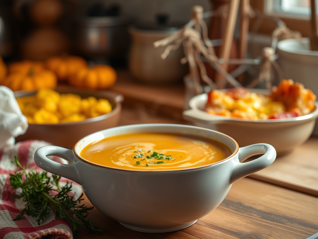 Een gezellige keuken met een kom pompoensoep en kruiden.