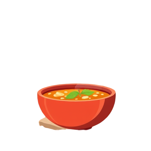 Een rode kom met warme soep en kruiden.