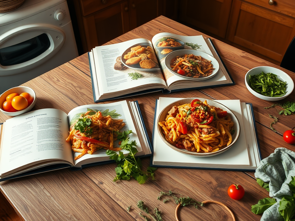 Gezellige keuken met kookboeken en verse ingrediënten.