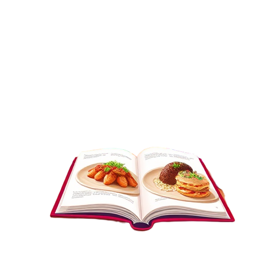 Een open kookboek met illustraties van gerechten.