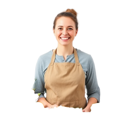 Een glimlachende persoon met een schort op.