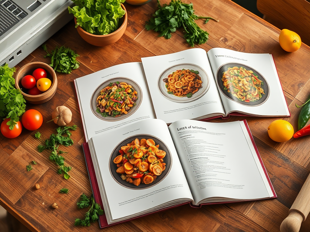 Een gezellige keuken met open kookboeken en verse ingrediënten.