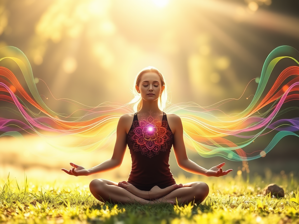 Een serene vrouw die mediteert in de natuur, omringd door zacht zonlicht.