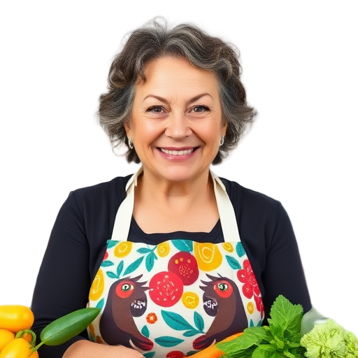 Een glimlachende vrouw in een schort met groenten.