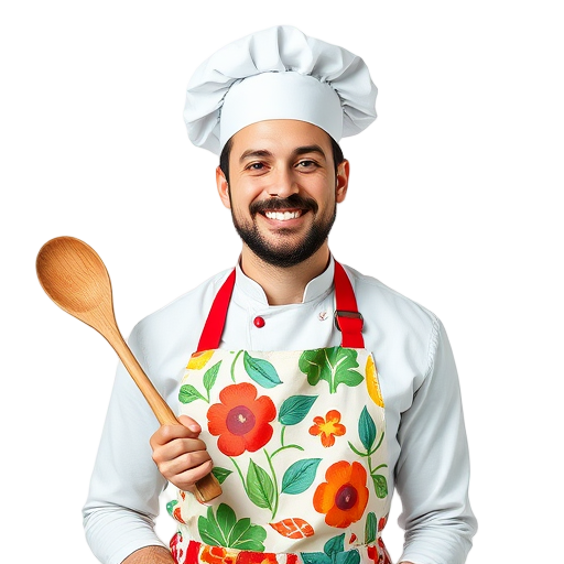 Een glimlachende chef met een houten lepel.