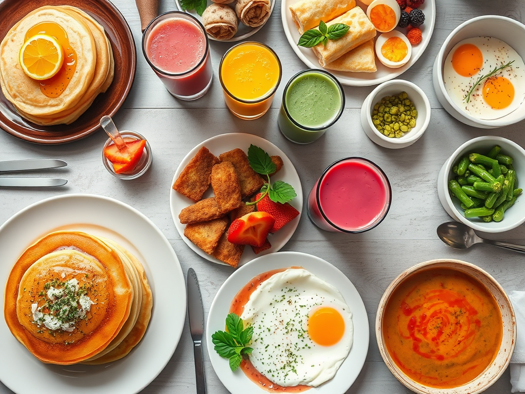 Een prachtig ingericht brunchtafel met pannenkoeken, smoothies en eieren.