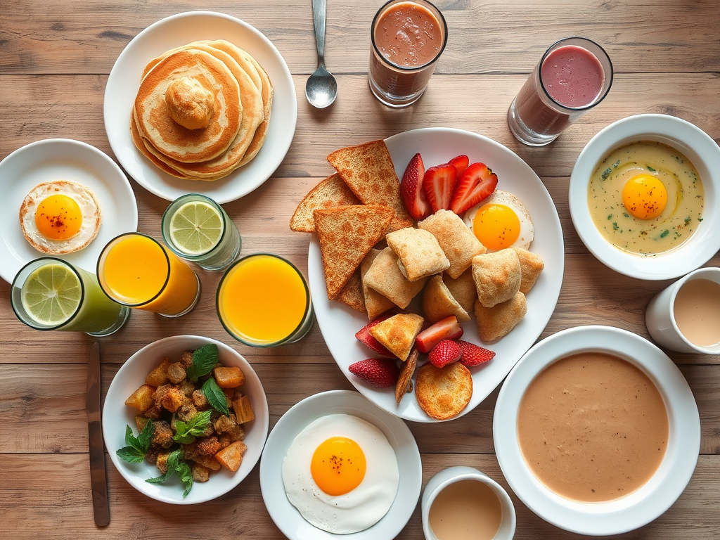 Een prachtig brunchtafel met pannenkoeken, smoothies en eieren.