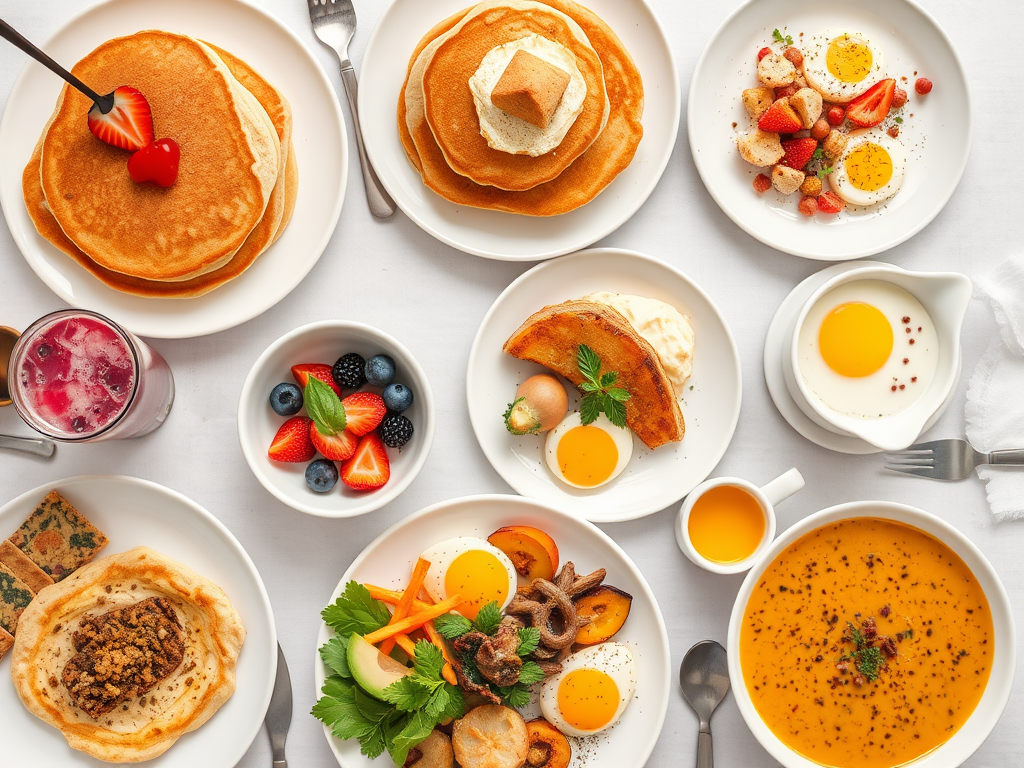 Een prachtig brunchtafel met pannenkoeken, smoothies en eieren.