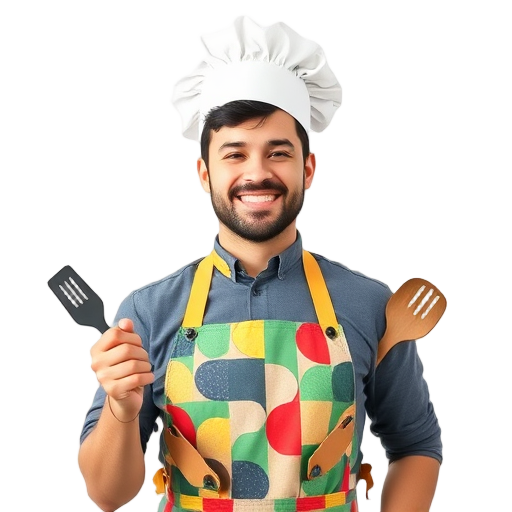 Een glimlachende man in een kleurrijke schort.