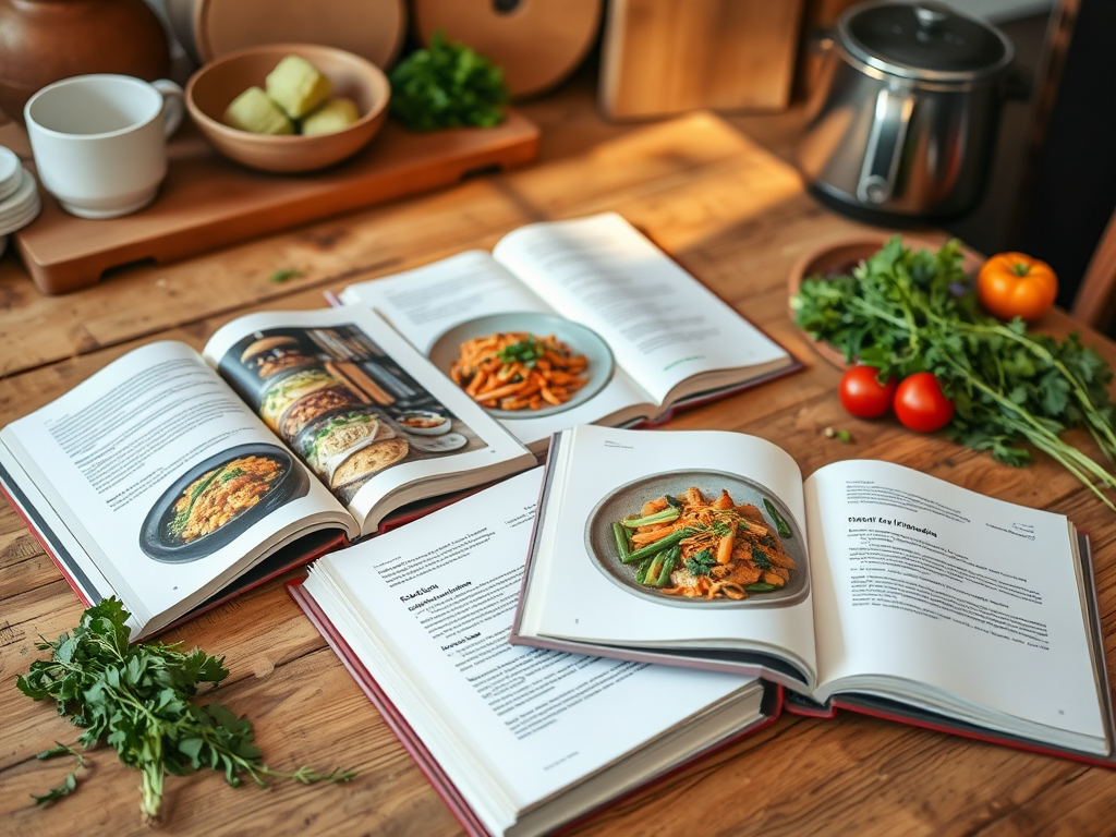 Een gezellige keuken met open kookboeken en verse ingrediënten.