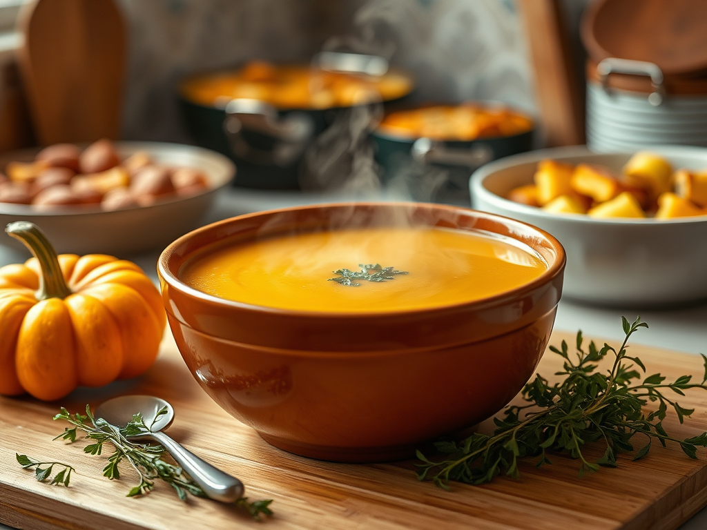Een gezellige keuken met een dampende pompoensoep.