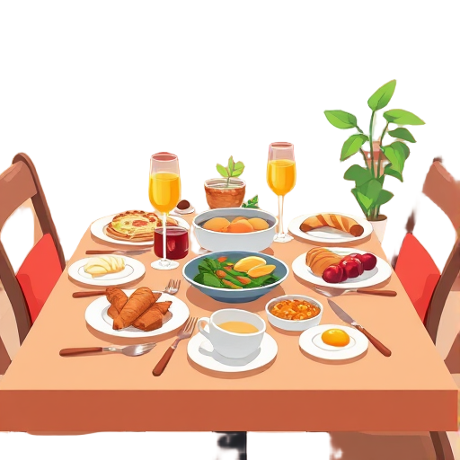 Een gezellige brunchtafel met kleurrijke gerechten.