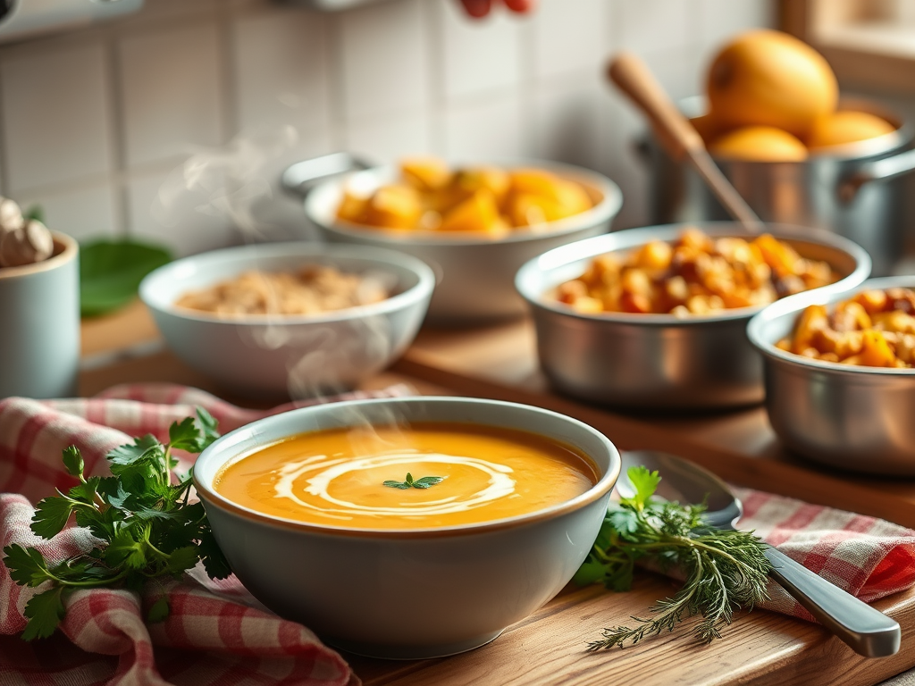 Gezellige keuken met kom pompoensoep en kruiden.