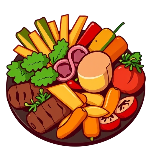 Een kleurrijke schotel met groenten, kaas en vleeswaren.