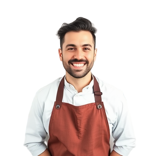 Een lachende persoon met een schort tegen een witte achtergrond.