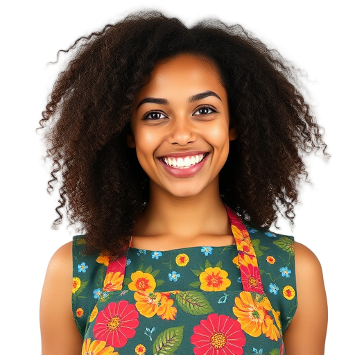 Een lachend persoon met een bloemenapron.