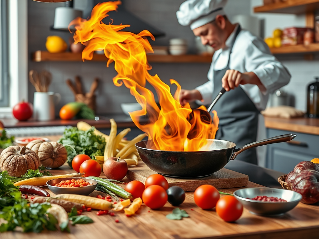 Een levendige keuken met kleurrijke ingrediënten en vlammen.
