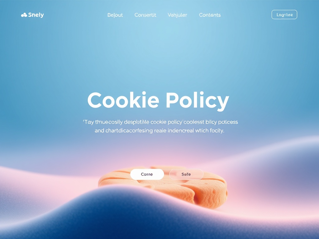 A sleek, modern website header scene with a cookie policy concept, soft glow, abstract cookie icons, consent toggle visuals, EURO-style UI, cool blues and whites, no logos.
