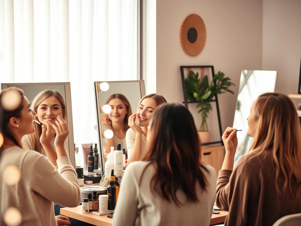 "A cozy makeup workshop in soft-lit studio, a small group of women practicing natural, daytime makeup on mirrors, skincare products neatly arranged, warm tones, candid smiles, hands-on guidance."