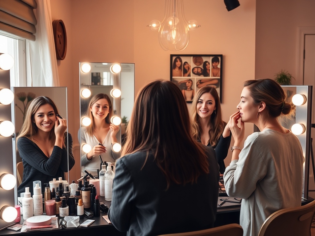 "A cozy makeup workshop in soft-lit studio, a small group of women practicing natural, daytime makeup on mirrors, skincare products neatly arranged, warm tones, candid smiles, hands-on guidance."